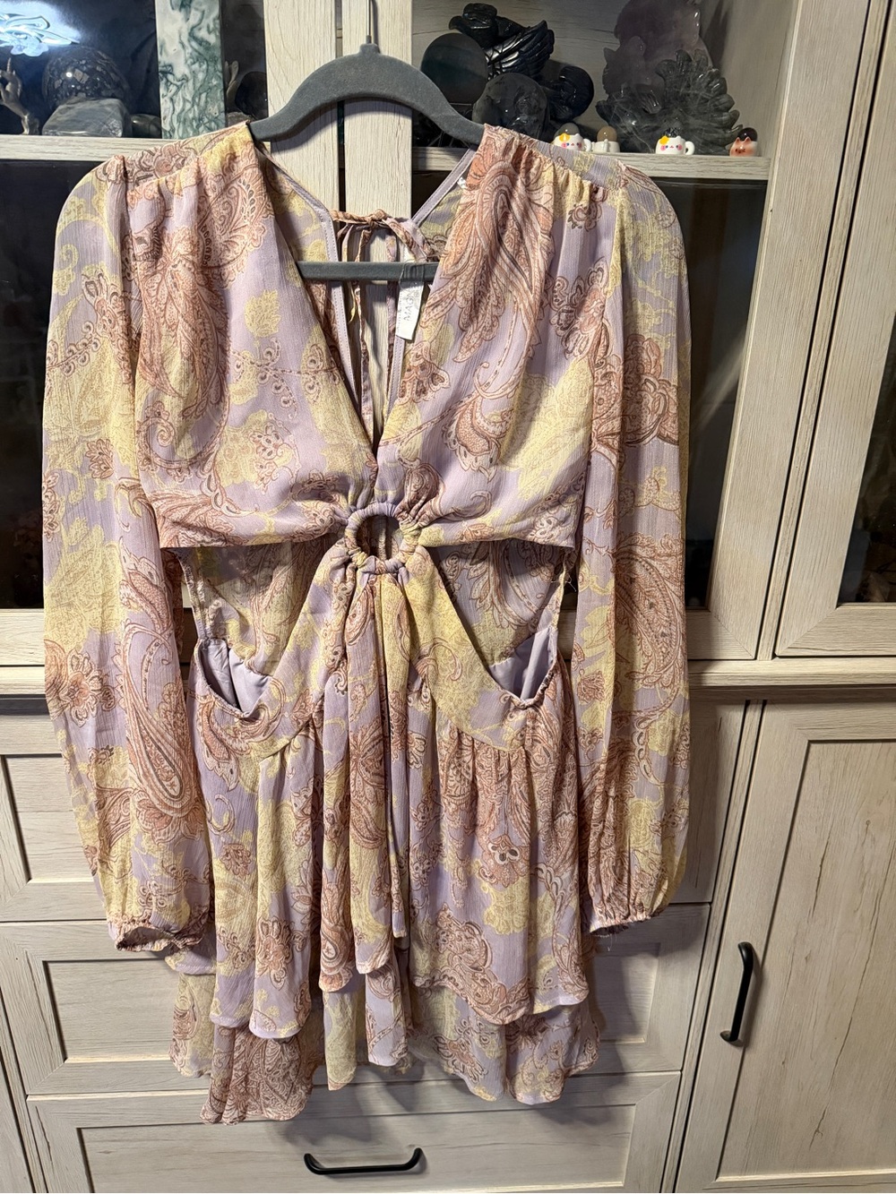 Magnolia Lavender & Cream Paisley Ring-Front Long Sleeve Mini Dress